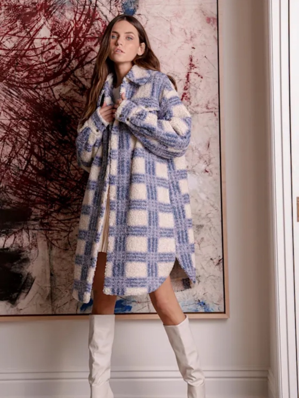 Lulu's Blue & Cream Plaid Teddy Jacket MED